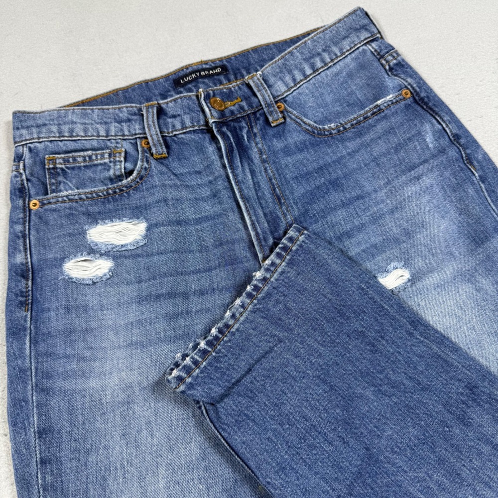 Lucky Brand Mid Rise Boy Jeans Womens Distressed Straight Leg Denim Blue